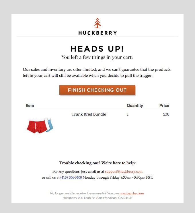 Huckberry's follow up email for customers who abandon their cart