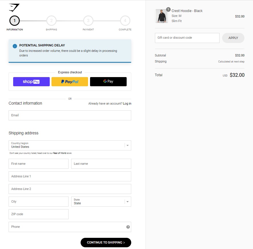 An example of an optimized Shopify Checkout Page on Gymshark