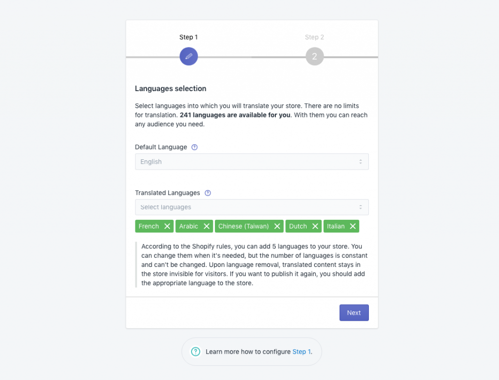 A screenshot showing Shopify's multi-language checkout function