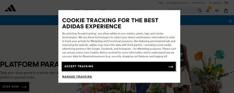 Adidas cookies pop-up notification