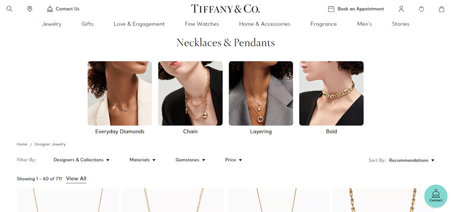 Tiffany & Co's necklaces and pendants category page