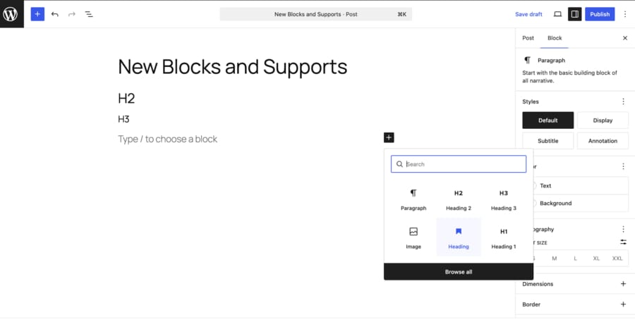 Guide To WordPress Maintenance Services For Optimal Security & Performance 1 Screenshot of the WordPress block editor showing a post titled “New Blocks and Supports,” with heading examples on the page and the block inserter menu open