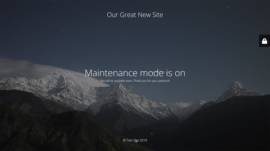 Guide To WordPress Maintenance Services For Optimal Security & Performance 2 Website maintenance mode page with a mountain background, showing the message “Maintenance mode is on” and a note that the site will be available soon