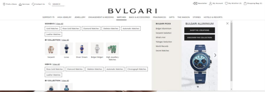a screenshot of bulgari.com's drop-down menu
