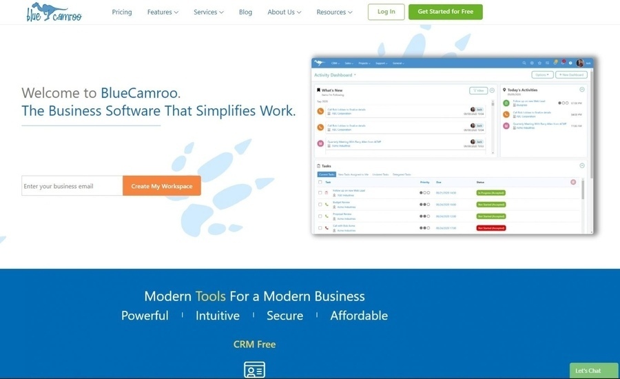 The homepage of CRM system BlueCamroo's website, stating in a headline, "Welcome to BlueCamroo. The Business Software That Simplifies Work."
