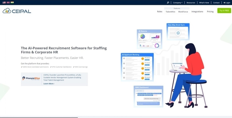 A screenshot of the homepage of a popular CRM system, CEIPAL, with the heading, "The AI-Powered Recruitment Software for Staffing Firms & Corporate HR"