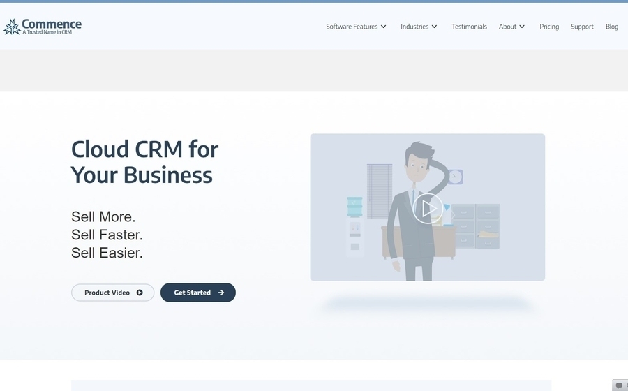 The homepage of CRM system Commerce's website stating, "Cloud CRM for Your Business"