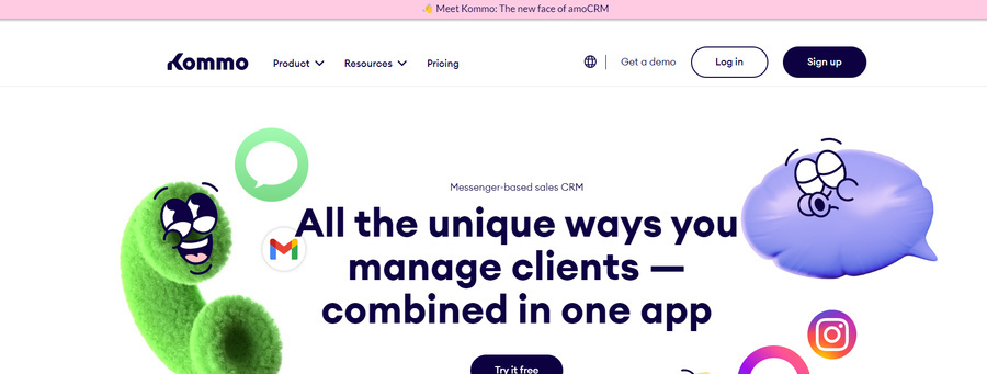 The homepage of messaging-powered CRM system Kommo's website