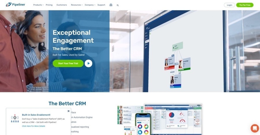 The homepage of CRM system Pipeliner's website stating, "Exceptional Engagement, The Better CRM"