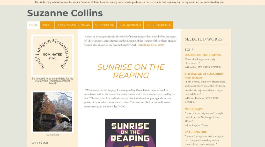 Suzanne Collins website screenshot