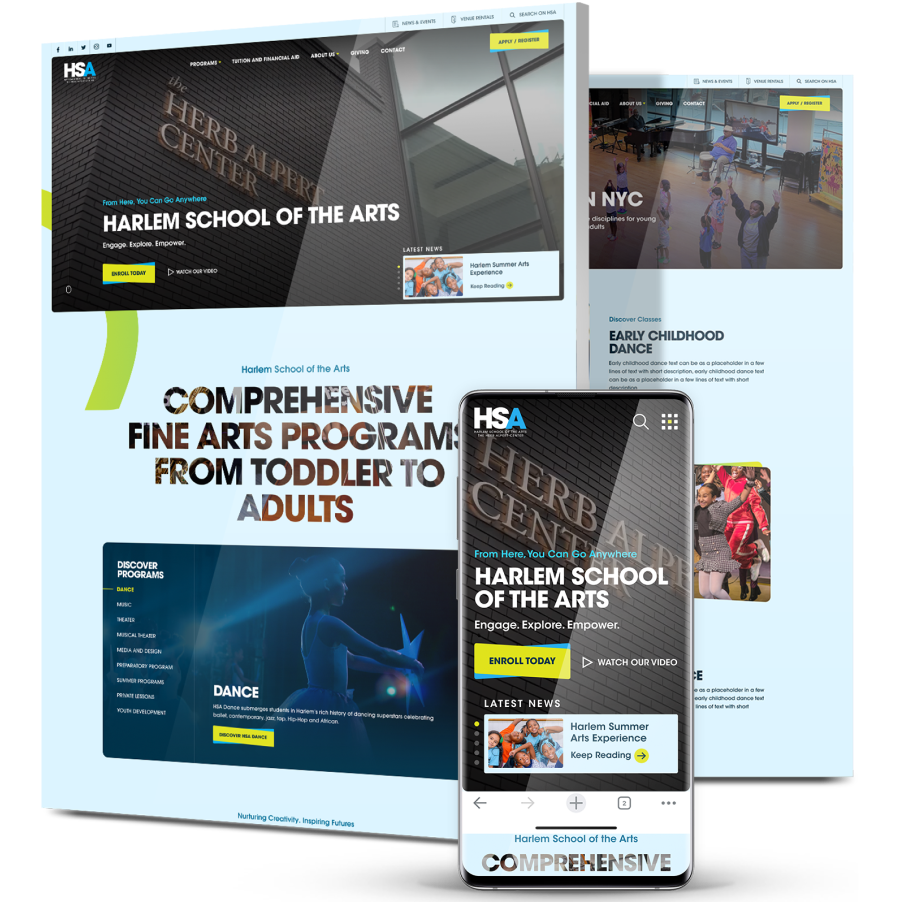 10 Surprising Examples Of Bad Website Design In 2026 16 Harlem School of the Arts website design displayed across desktop and mobile devices, showcasing arts education programs, dance classes, student engagement, and responsive enrollment experiences.