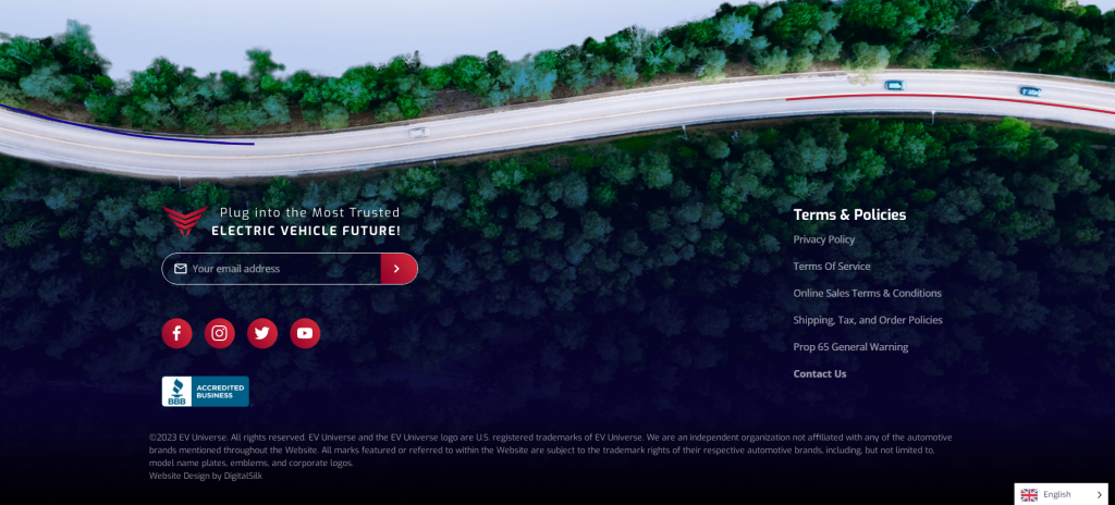An example of a seamlessly integrated footer taken form the EV Universe's website.