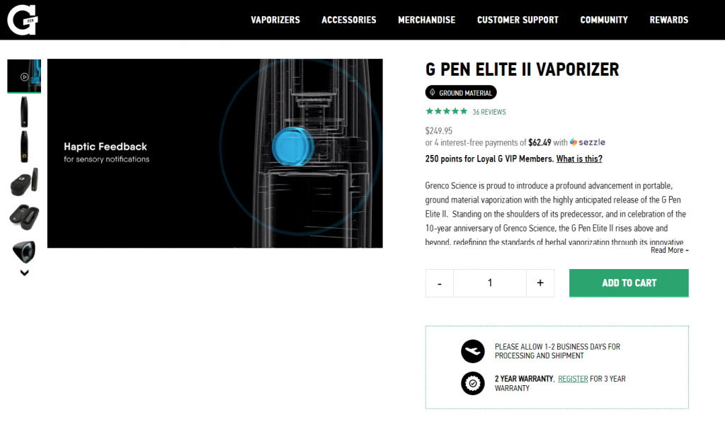 G Pan's landing page featuring image of G Pen elite vaporizer.