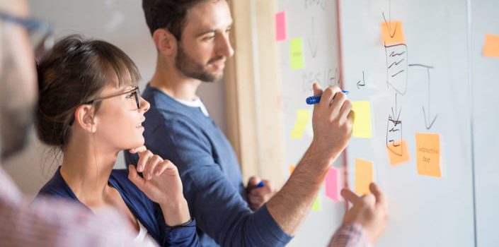 Magento experts working on website elements on a whiteboard