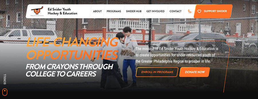 Ed Snider Hockey's homepage featuring a hero video