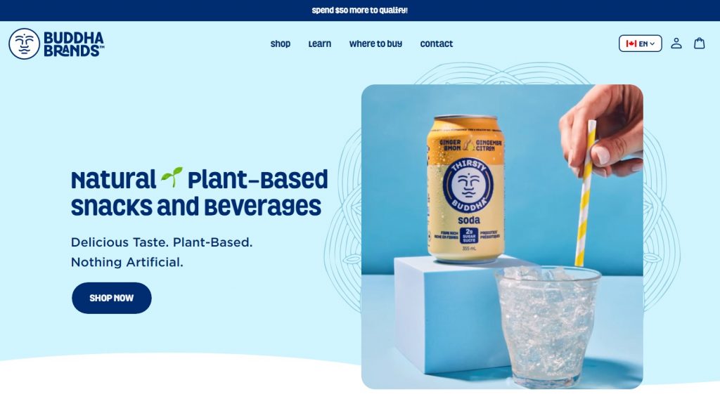 Budhha Brands' website landing page, featuring a cold drink and a glass filled with ice.