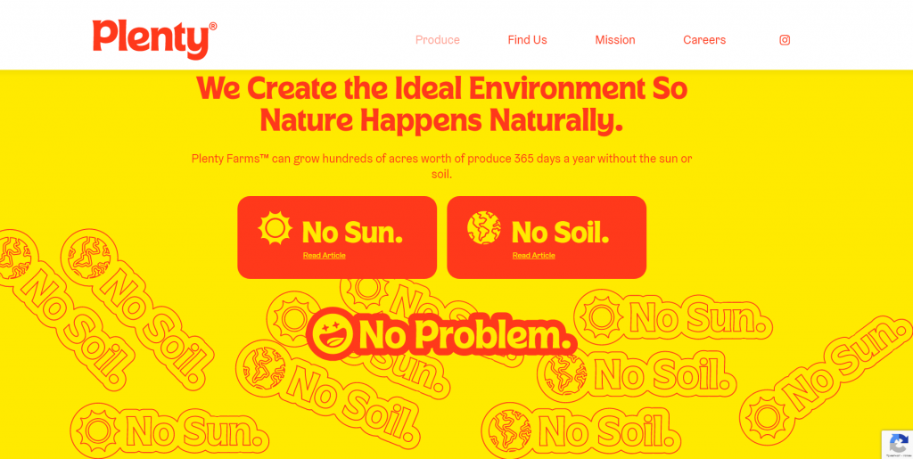 Plenty's website featuring yellow background and bright red typography and buttons.