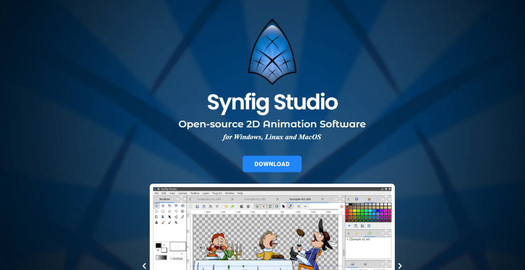 Synfig's landing page featured image of a design platform,