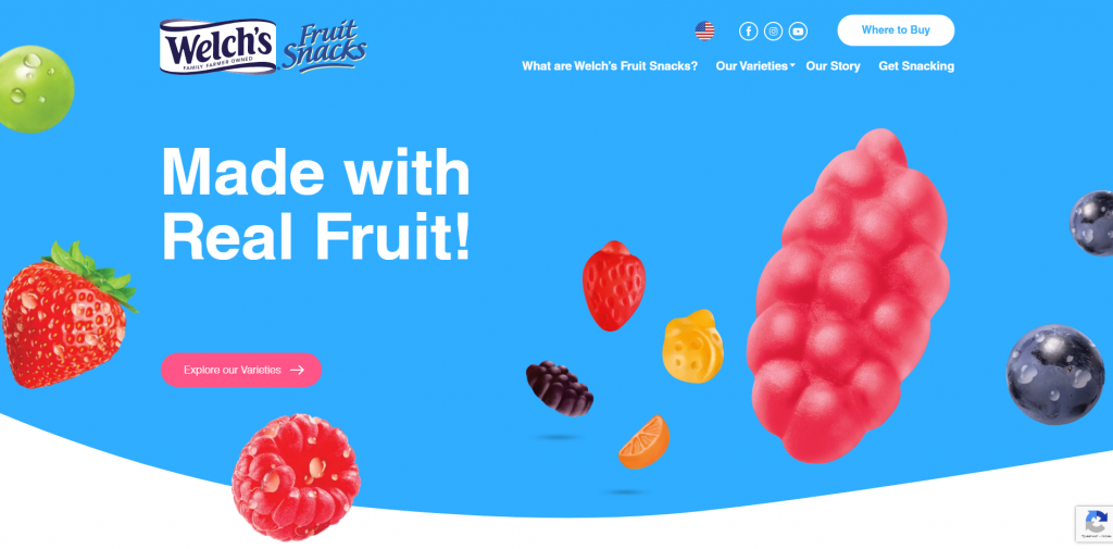 Welch's Fruit Snacks' website featuring a landing page and all kinds of colorful fruits.