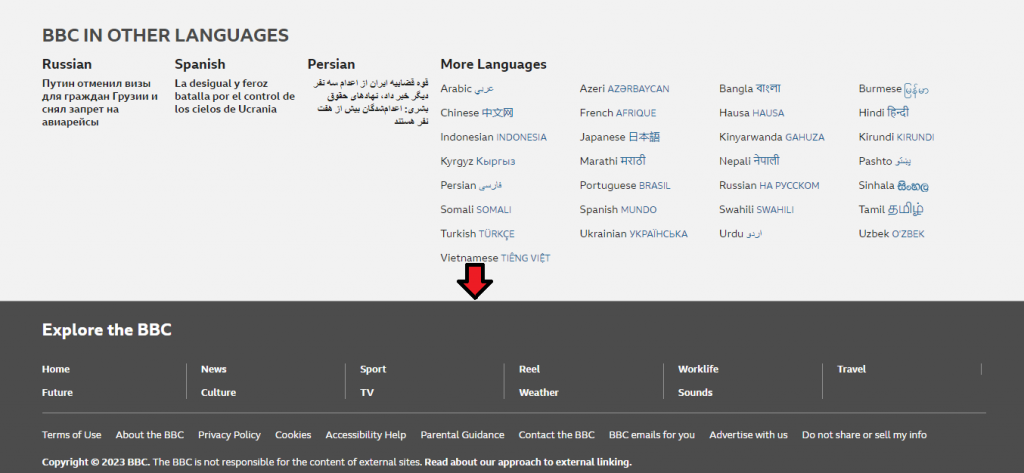 Featured image example of the BBC's footer navigation. 