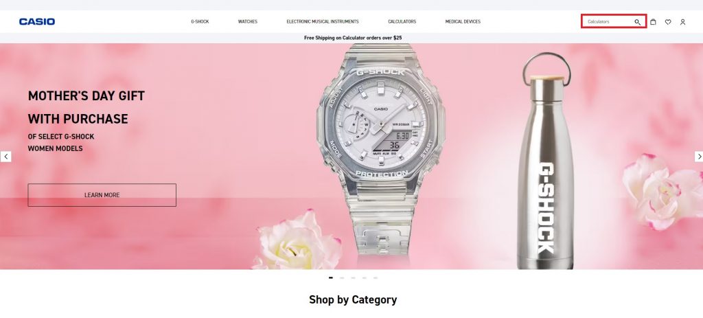 Search navigation example, featured image Casio's website and a close-up picture of G-shock watch.