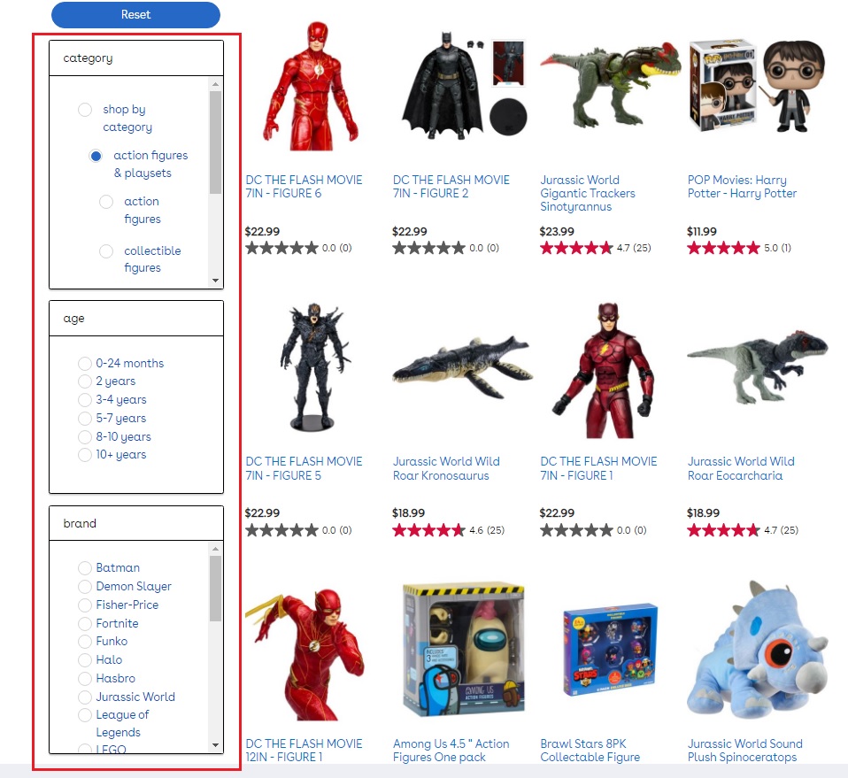 Faceted navigation featured example of toysRUs' website with pictures of action figures and dinosaurs. 