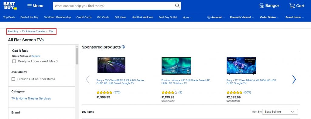 Featured example of Best BUy's breadcrumbs navigation. 