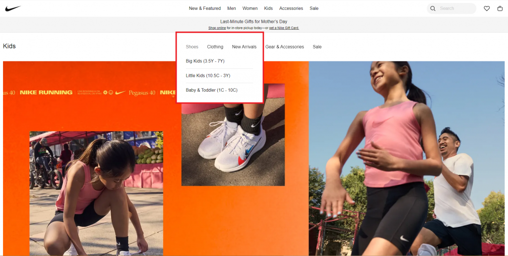 An example of local navigation taken from Nike's website.