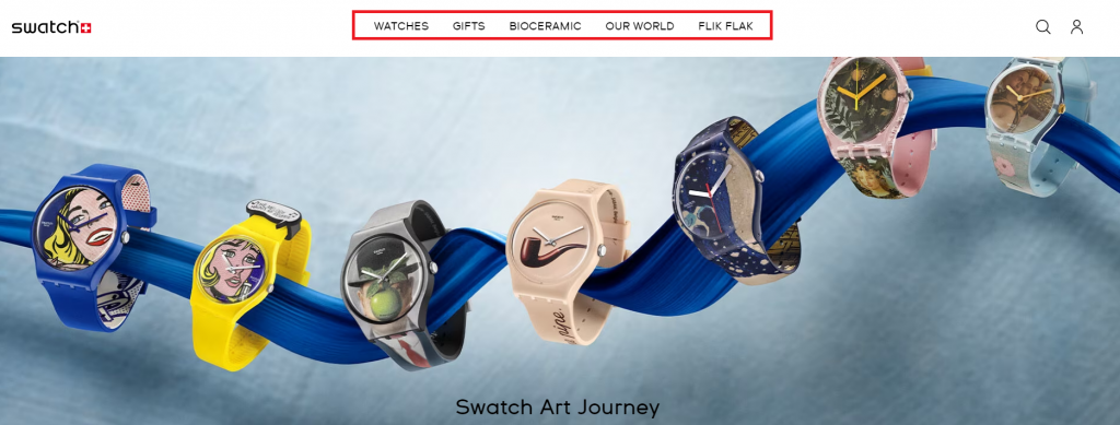 Horizontal navigation featured an example swatch's website with a picture of seven colorful watches.
