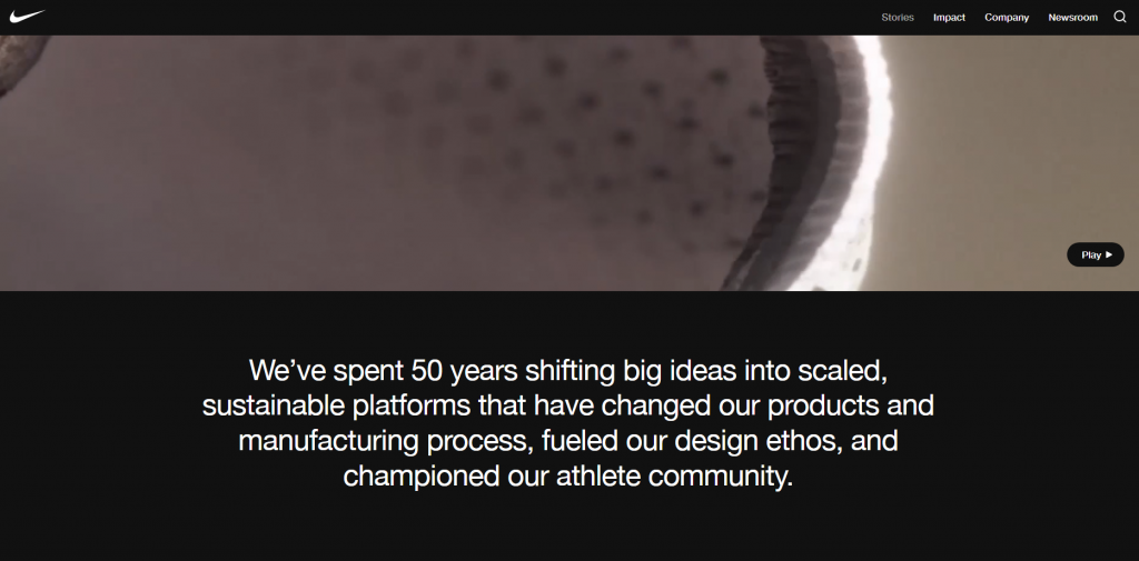 Nike's web page, saying: "We've spent 50 years shifting big ideas into scaled, sustainable platforms that have changed our products and manufacturing process, fueled our design ethos, and championed our athlete community."