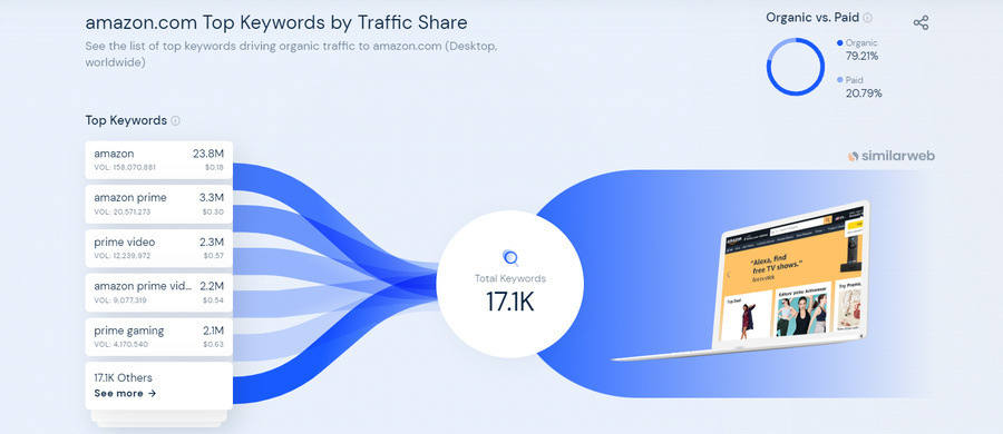 SimilarWeb inforgraphic showing Amazon's traffic coming from multiple keywords