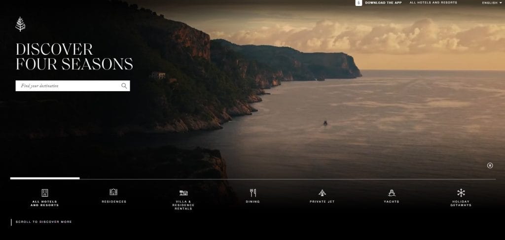 Four Seasons Hotel and Resorts website screenshot