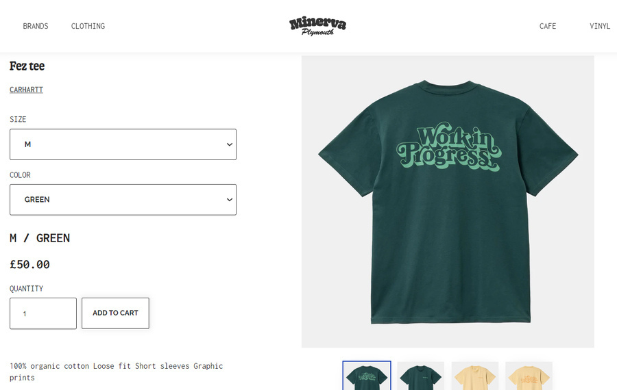 An example of Minerva Streetwear's product page, featuring a green t-shirt