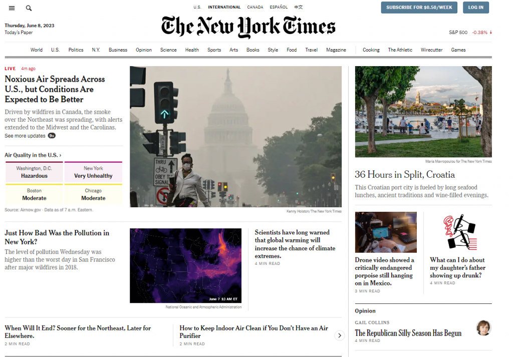 The New York Times landing page set as an example of magazine-style web design trend.