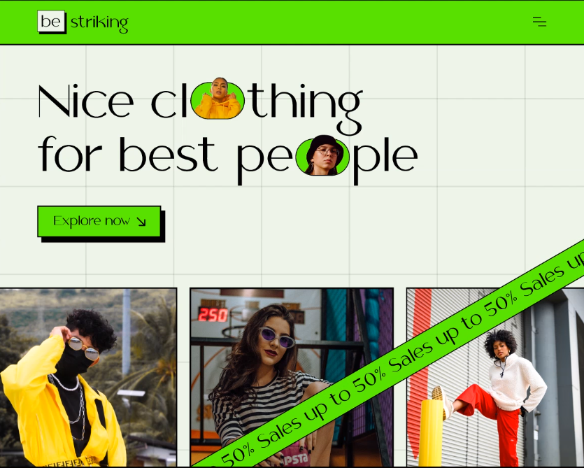 a website example of unconventional design with bright colors and overlapping elements.