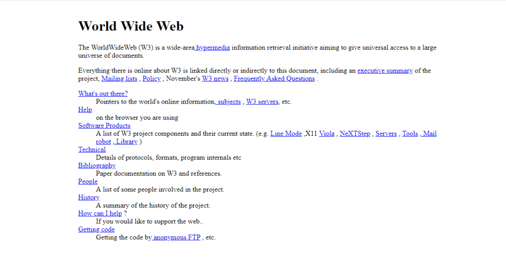 An imago of the world's first website. A clean, white layout and 20 rows of text.