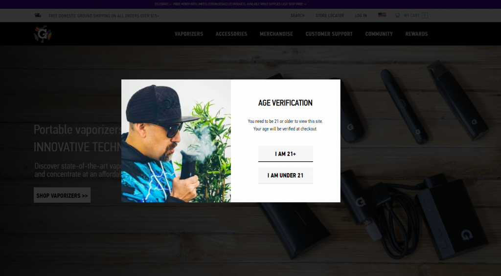 G Pen's pop-up that requires you to confirm you are 21+ or 21- years of age.
