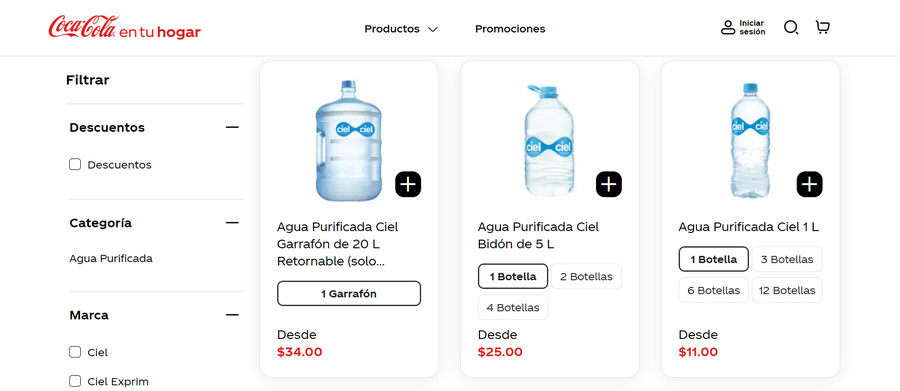 Coca-Cola Mexico's online water product selection