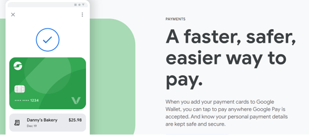 Google Pay webpage saying: "A faster, safer. easier way to pay".