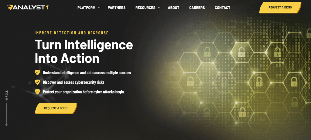 Analyst 1's website featuring image of the key benefits of their cybersecurity platform.