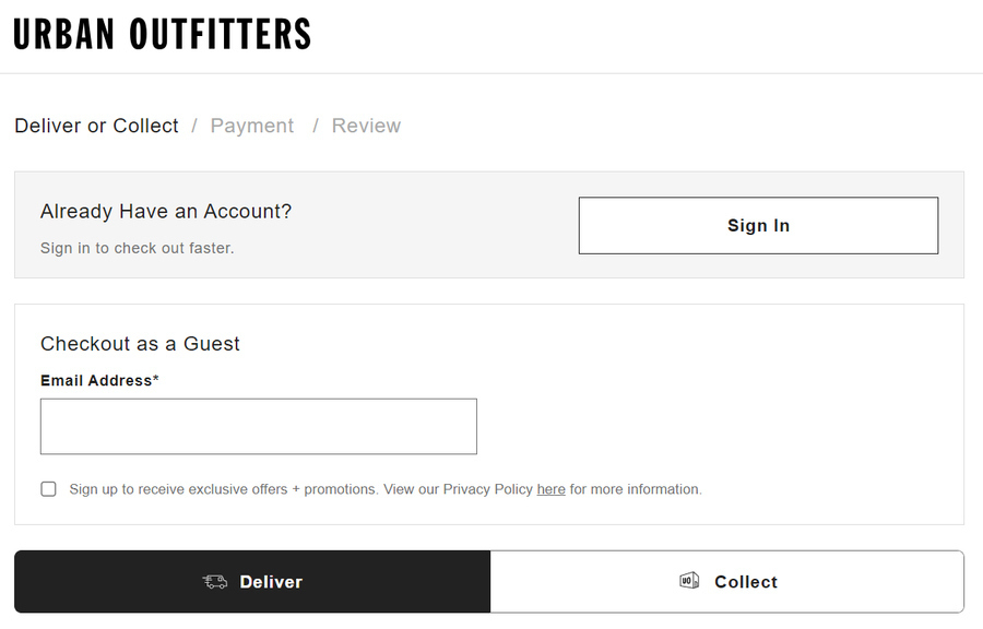 Urban Outfitters' checkout page with an easy guest checkout option