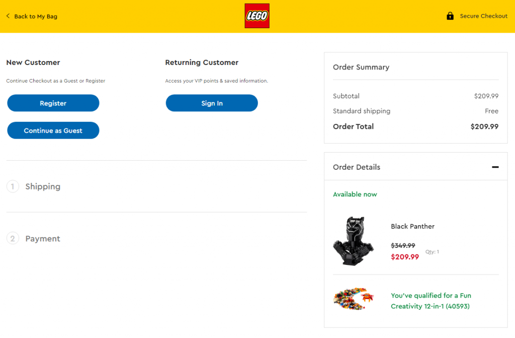 Lego's checkout page