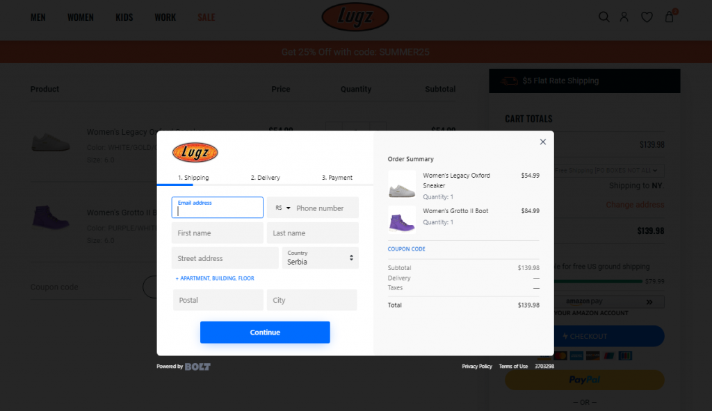 Lugz's pop-up checkout page