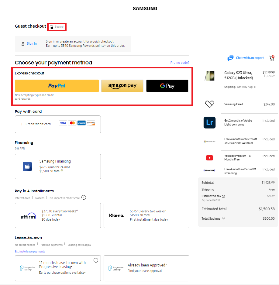 Samsung's checkout page