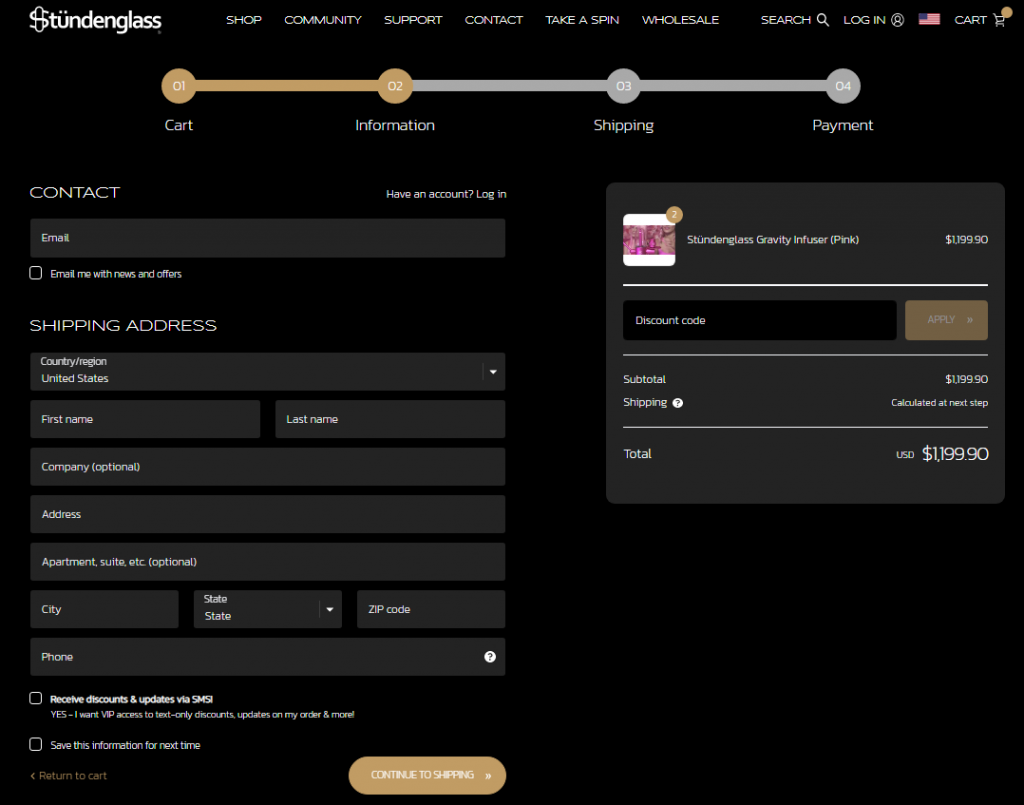 Stunderglass' dark theme checkout page