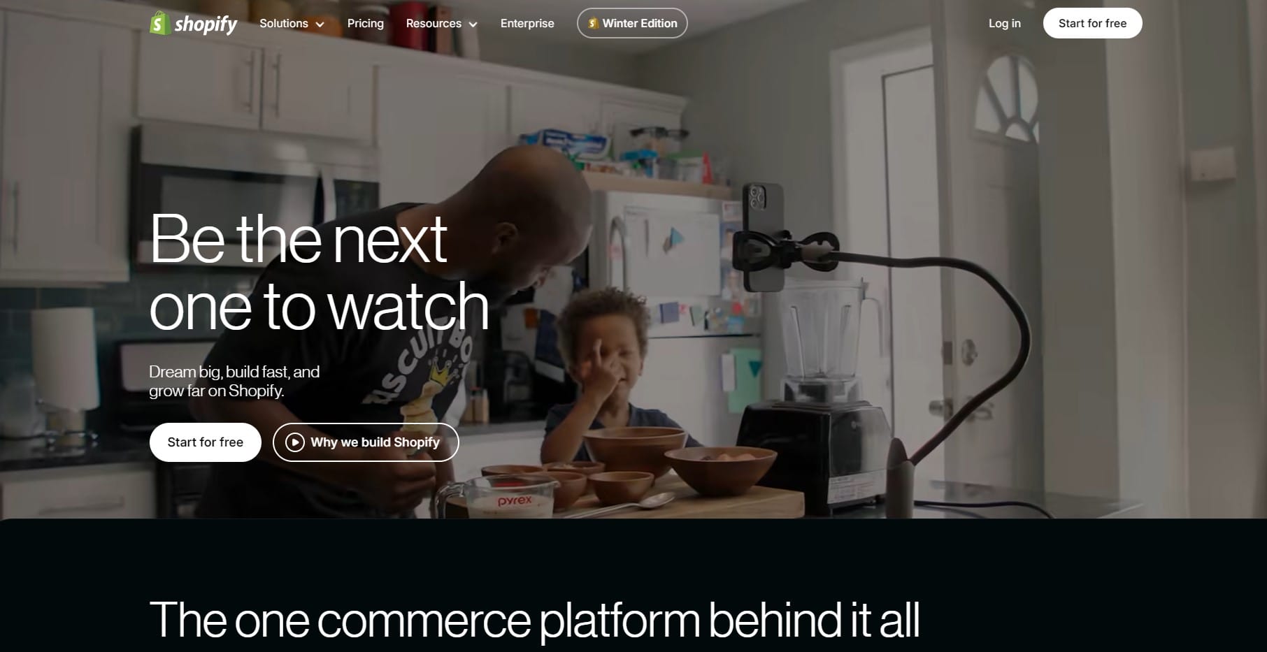 Image of Shopify's homepage featuring a 'Start for free' button