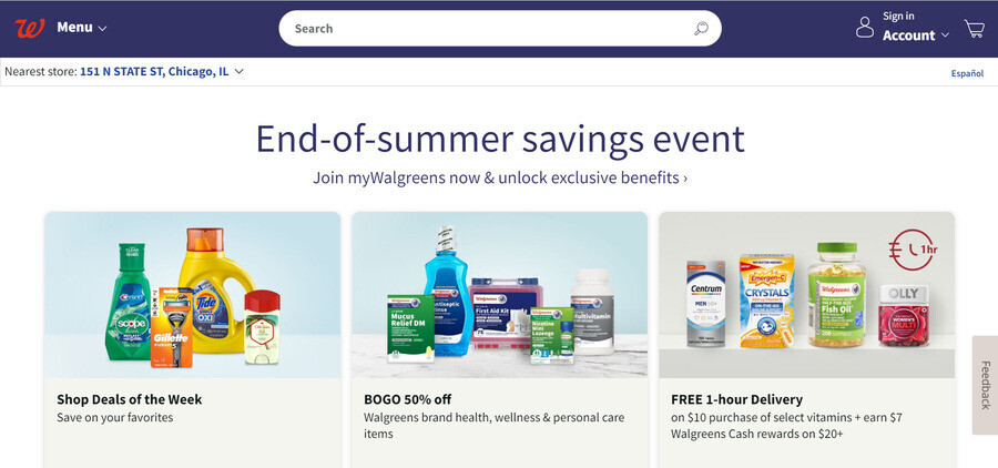 Walgreens' website homepage