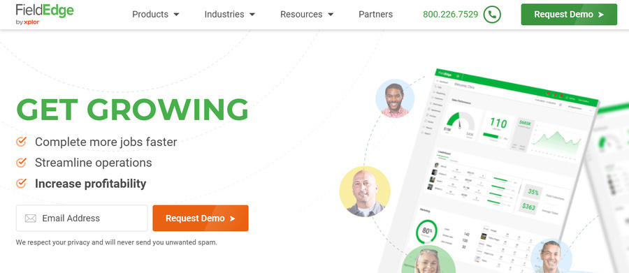 A screenshot of FieldEdge's hero CTA