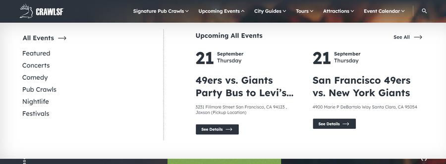 CrawlSF's website homepage navigation menu dropdown