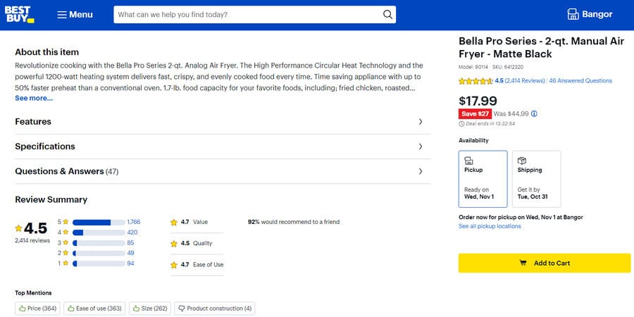 Best Buy's testimonial section on its product page